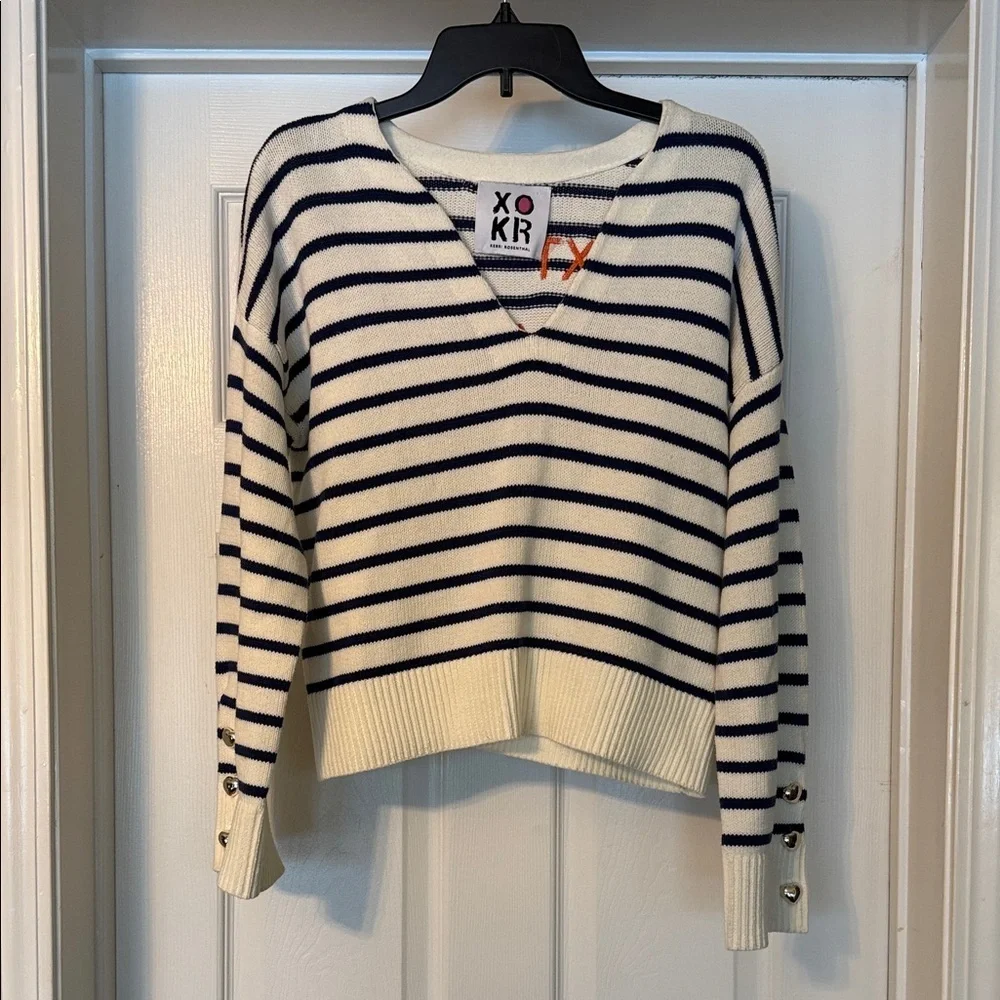 XO KR Kerri Rosenthal Navy White Stripe Sweater Orange Embroidery Cropped
